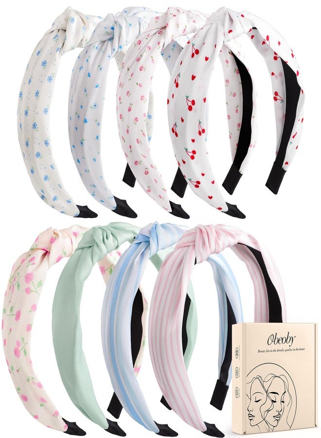 obeoby 8Pcs Headbands for Women Girls Valentines Day Outfit, Knotted Headband Spring Summer Floral Print Trendy Non Slip Hair Bands - Image 1